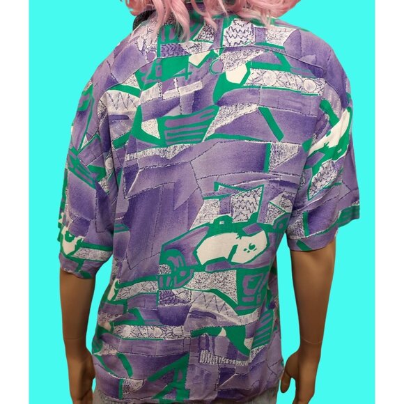 Vintage 80s Abstract Print Rayon Shirt Short Sleeve Button Up Belted Blouse Sz M - Picture 5 of 5